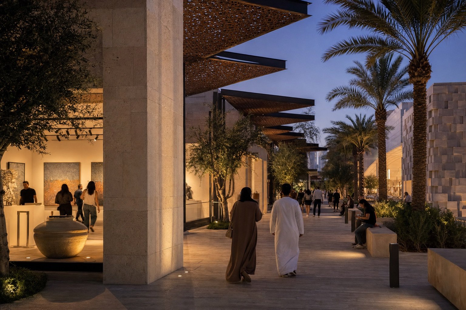 A lively cultural promenade in a fictional Dubai district